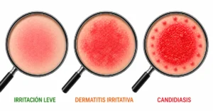 Comparación ilustrativa entre una irritación leve, una dermatitis irritativa del pañal y una candidiasis, mostrando la progresión y las principales diferencias visuales entre estas lesiones cutáneas.